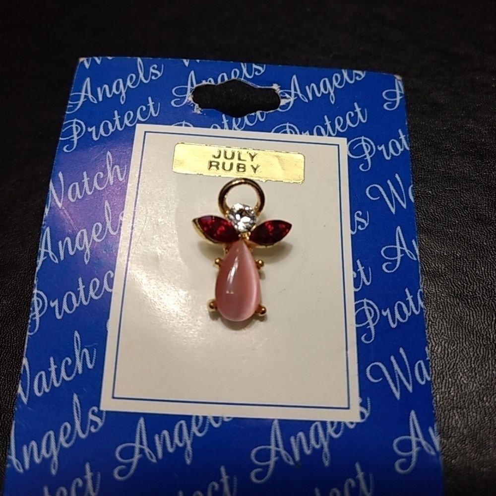 July protective angel pin with crystals gold tone pink